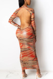 Multicolor Sexy Print Patchwork Mandarin Collar Wrapped Skirt Dresses