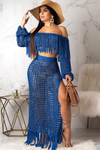 Blue Sexy Fashion tassel HOLLOWED OUT perspective Patchwork A-line skirt Long Sleeve