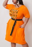 Orange Fashion adult Ma'am Street O Neck Print Plus Size
