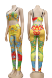 Orange Sexy Print Patchwork Spaghetti Strap Sleeveless Two Pieces