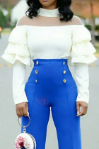 Cream white O Neck Long Sleeve Solid Patchwork Long Sleeve Tops