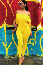 Yellow Fashion Sexy Patchwork Solid zipper Short Sleeve one word collar Jumpsuits