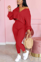 Red Fashion Patchwork Solid Asymmetrical V Neck Long Sleeve Two Pieces