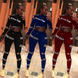 Blue Spandex Elastic Fly Long Sleeve Mid Letter Skinny Pants