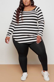 Black Casual Striped Print Patchwork O Neck Plus Size 