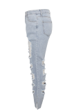 Baby Blue Casual Patchwork Ripped Mid Waist Boot Cut Denim Jeans