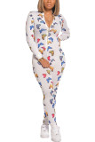 White Fashion street Print Long Sleeve O Neck Jumpsuits
