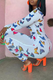 White street Print zipper Long Sleeve V Neck Jumpsuits