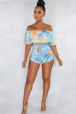 Blue Sexy Fashion Print Ruffled Patchwork Short Sleeve one word collar 