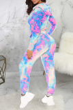 Blue Sexy Patchwork Tie-dye Hooded Collar Long Sleeve Two Pieces