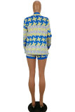 Blue Elastic Fly Mid Print Straight shorts Two-piece suit