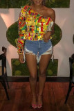 Colour Fashion Casual Print Backless Oblique Collar Tops