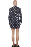 Black Lightly cooked Dot Print Straight Long Sleeve Two-Piece Short Set