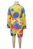Yellow Sexy Print Patchwork Turndown Collar Plus Size Two Pieces