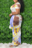 Blue Sexy Patchwork Tie-dye U Neck Pencil Skirt Dresses