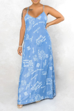 Blue Sexy Print Patchwork Spaghetti Strap Straight Dresses