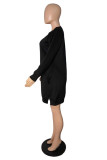 Deep Blue Casual Solid Pocket O Neck Long Sleeve Knee Length Long Sleeve Dress Dresses
