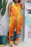 Red Casual Print Tie-dye O Neck Loose Jumpsuits