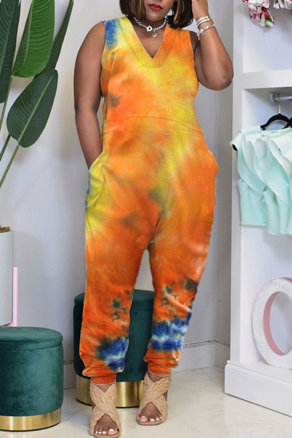 Orange Casual Print Tie-dye O Neck Loose Jumpsuits