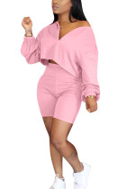 Pink Fashion adult Ma'am Street O Neck Solid Two Piece Suits Stitching Plus Size