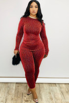 Red Casual Print Two Piece Suits pencil Long Sleeve
