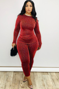 Red Casual Print Two Piece Suits pencil Long Sleeve