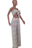 White Sexy Print Patchwork With Bow Strapless Sleeveless Two Pieces
