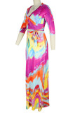 Rose Purple Elegant Print Tie Dye Bandage Patchwork V Neck Straight Dresses