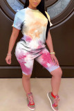 Multi-color Casual Print Straight Short Sleeve Two Pieces