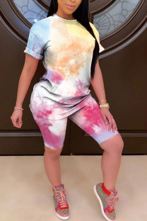 Yellow-red Casual Print Straight Short Sleeve Two Pieces