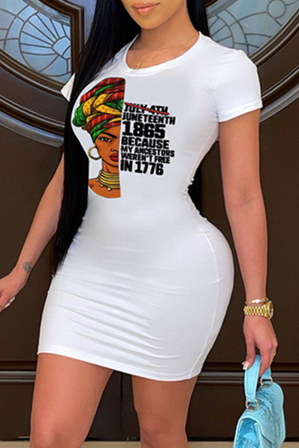 White Fashion Casual Print Basic O Neck Short Sleeve Dress