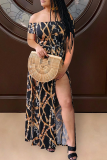 Colour Sexy Print High Opening Off the Shoulder Dresses