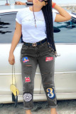 Grey Street Print Embroidered Patchwork Mid Waist Regular Denim (Without Belt)