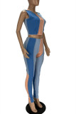 Blue Fashion Casual Patchwork Basic O Neck Sleeveless Two Pieces