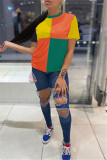 Blue Fashion Casual Patchwork Basic O Neck T-Shirts