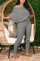 Grey Fashion Solid Patchwork One Shoulder Long Sleeve Two Pieces