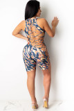 Blue Sexy Hollow Asymmetrical Camouflage Backless Print Chemical fiber blend Sleeveless O Neck Rompers