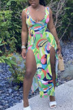 multicolor Fashion Sexy adult multicolor Tank Sleeveless V Neck Asymmetrical Mid-Calf Print Patchwork split asymmetrical Dresses