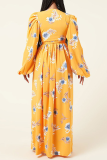 Yellow Sexy Print High Opening V Neck Irregular Dress Dresses