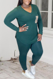 Green Sportswear Print Patchwork O Neck Plus Size 