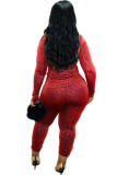 Red Casual Print Two Piece Suits pencil Long Sleeve