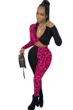 Blue Sexy Patchwork Two Piece Suits Leopard Straight Long Sleeve