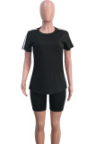 Black Fashion Casual adult Ma'am Patchwork Solid Two Piece Suits Straight Short Sleeve Two Pieces