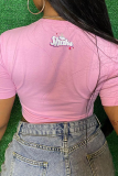 Pink Casual Print Patchwork O Neck Mid Waist T-Shirts