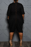 Black Fashion Casual Solid Basic O Neck Plus Size Two Pieces