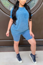 Blue Fashion adult Europe and America Patchwork Solid Two Piece Suits pencil Short Sleeve Two Pieces