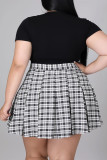 Black Sexy Plaid Print Patchwork Frenulum V Neck A Line Plus Size Two Pieces