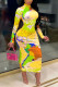 Yellow British Style Print Turtleneck A Line Dresses