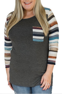Grey O Neck Long Sleeve Patchwork Long Sleeve Tops