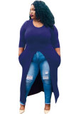 Dark Blue O Neck Long Sleeve Solid asymmetrical Long Sleeve Tops